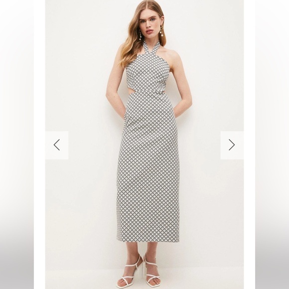 Karen‎ Millen Geometric Jacquard Halter Maxi Dress 8 Black White Cut Out Column - Picture 2 of 15